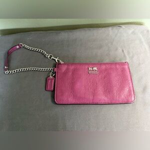 Coach Madison Slim Fuscia Pink Zip Top Leather Chain Wristlet Silver Hardware